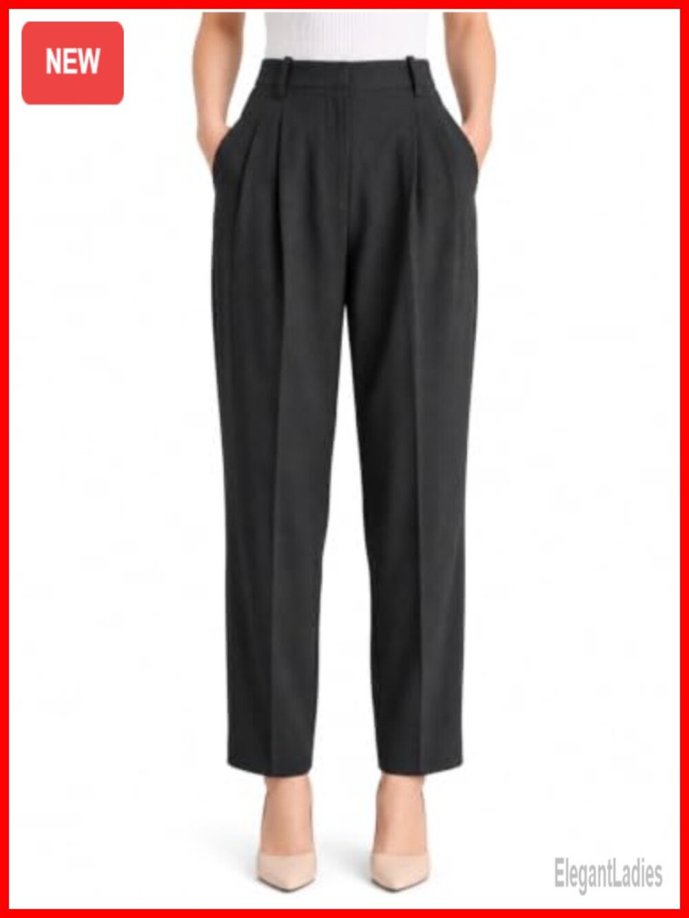 High Waisted Pleated Tapered Ankle Trousers with Pockets